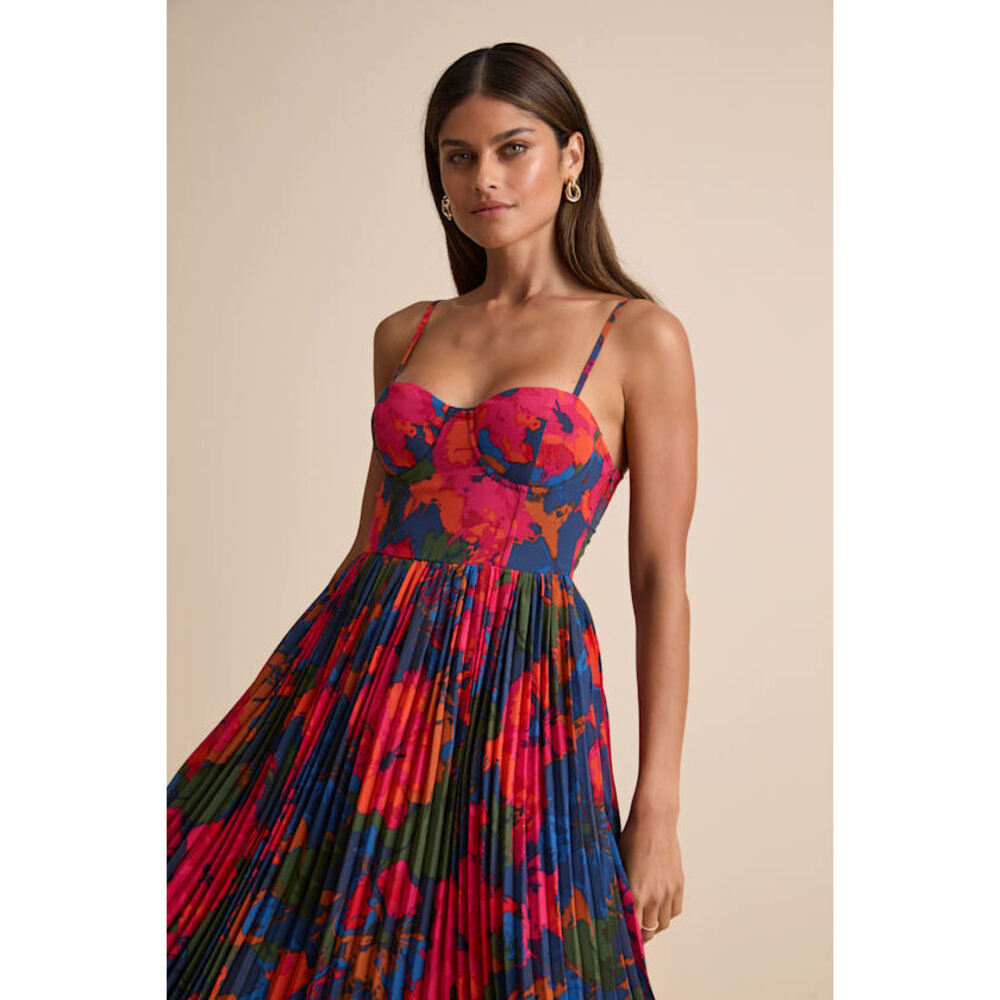 Lulus Dorothy Dark Blue Multi Floral Print Pleated Midi Dress - Size L